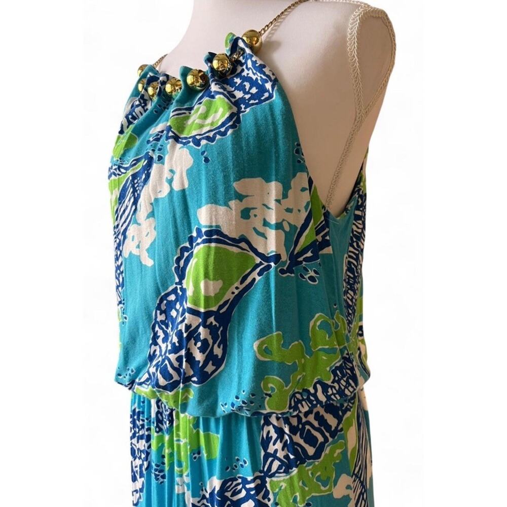 Lilly Pulitzer Inna Maxi Dress M Blue Shells Chain Beck Halter Resort Vacation - Picture 3 of 9